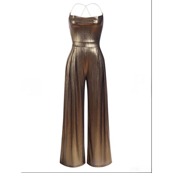Retro Stage women’s M gold bronze metallic pantsuit romper 70s Disco pearl strap - Picture 2 of 4
